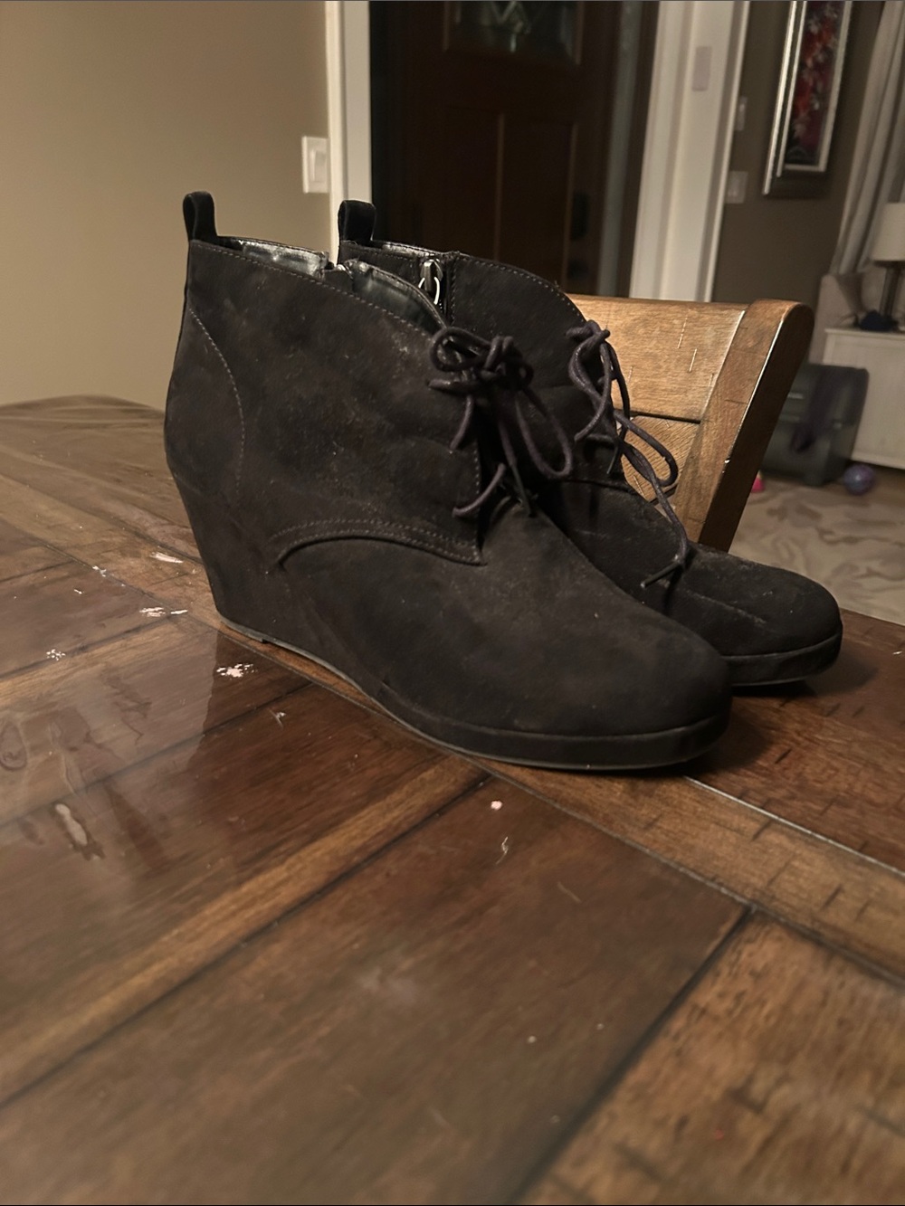 Black Suede Lace-Up Wedge Ankle Boot - Women